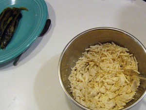 Cheese and tofu mixture. Some of the tofu needs to be crumbled more.