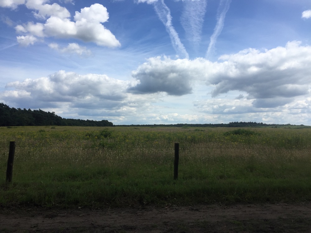veld met prikkeldraad hek en blauwe lucht met wolken